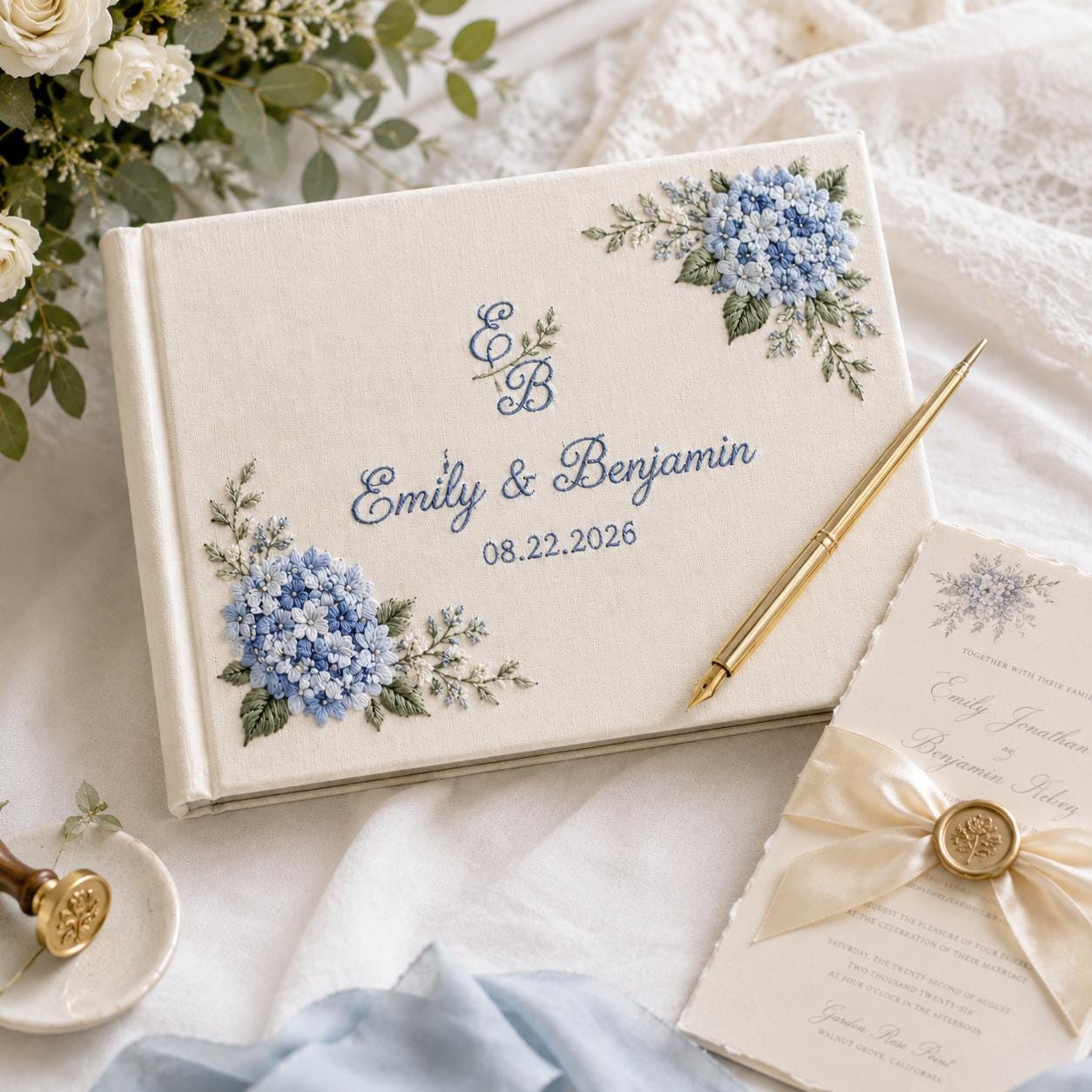 Embroidered Wedding Guest Book with Personalized Couple Name Date Album and Blue Hydrangea Bridal Keepsake for Custom Wedding Gift - photo 1