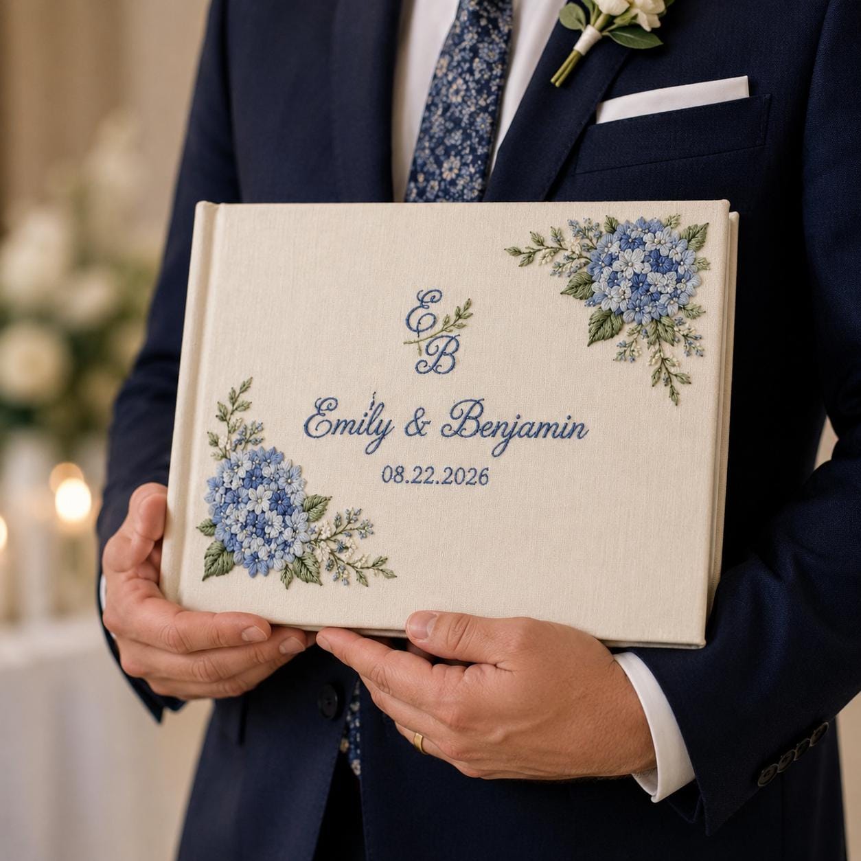 Embroidered Wedding Guest Book with Personalized Couple Name Date Album and Blue Hydrangea Bridal Keepsake for Custom Wedding Gift - photo 2