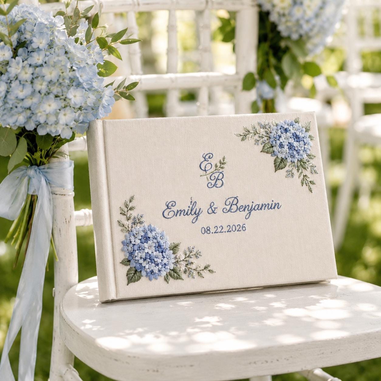 Embroidered Wedding Guest Book with Personalized Couple Name Date Album and Blue Hydrangea Bridal Keepsake for Custom Wedding Gift - photo 3