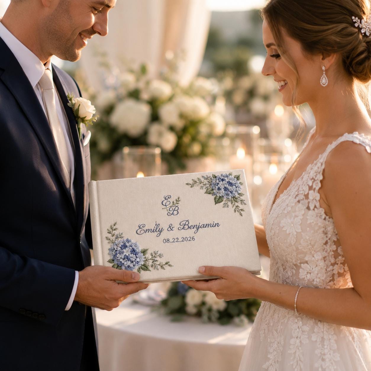 Embroidered Wedding Guest Book with Personalized Couple Name Date Album and Blue Hydrangea Bridal Keepsake for Custom Wedding Gift - photo 8