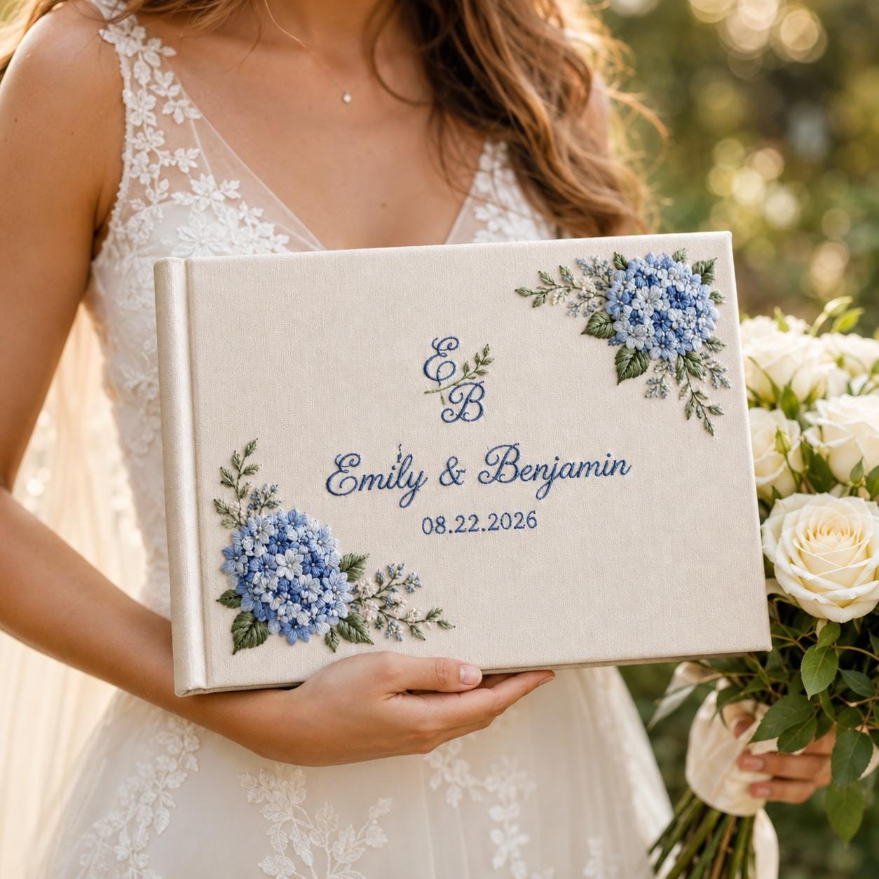 Embroidered Wedding Guest Book with Personalized Couple Name Date Album and Blue Hydrangea Bridal Keepsake for Custom Wedding Gift - photo 9