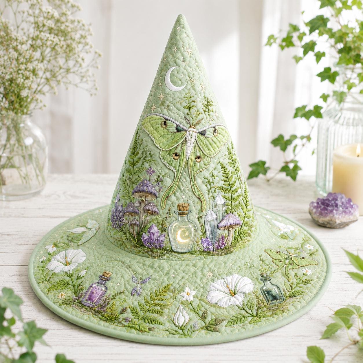 Quilted Pastel Luna Moth Witch Hat for Halloween Costume – Cottagecore Moon Crystal Fairy Garden Decor