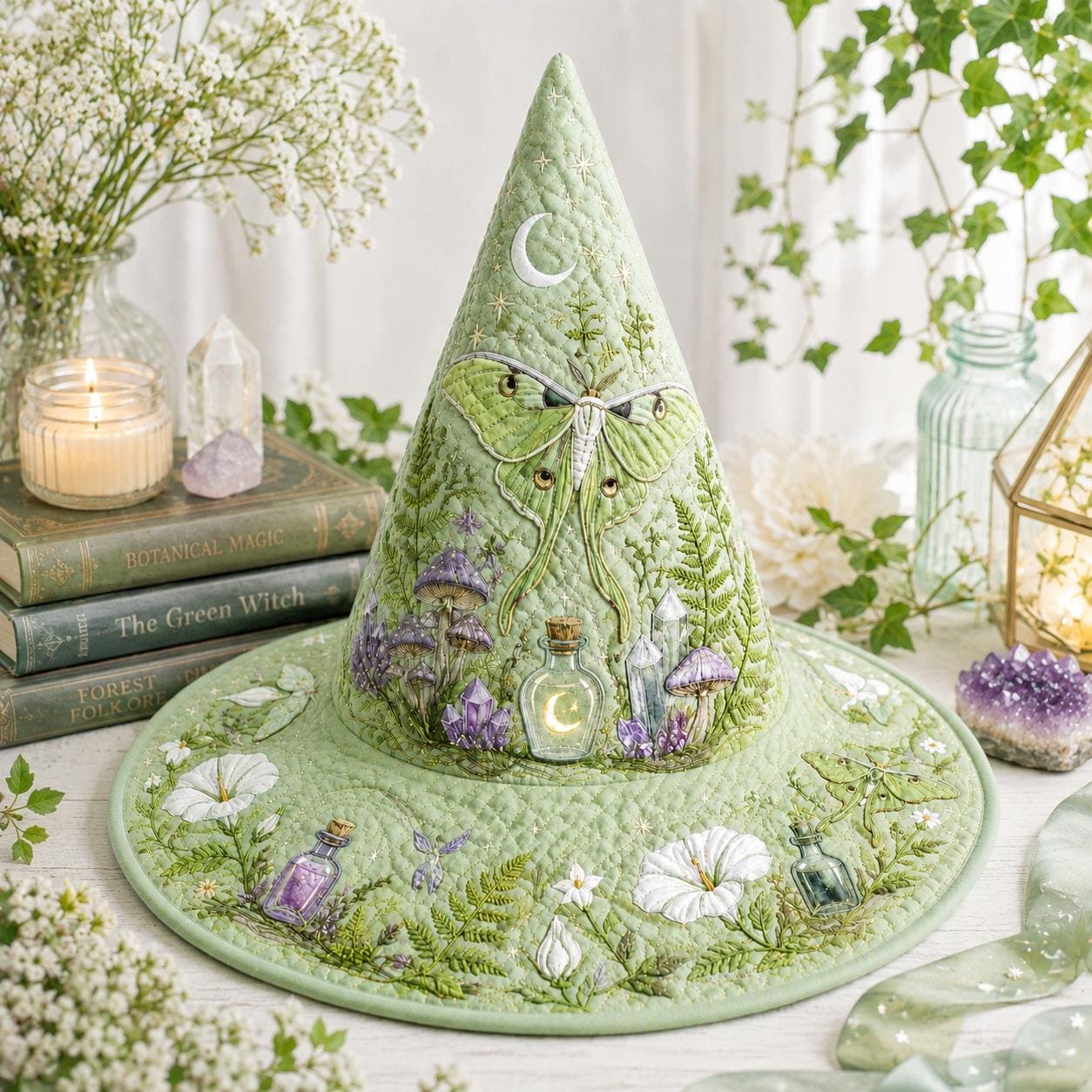 Quilted Pastel Luna Moth Witch Hat for Halloween Costume – Cottagecore Moon Crystal Fairy Garden Decor - photo 2