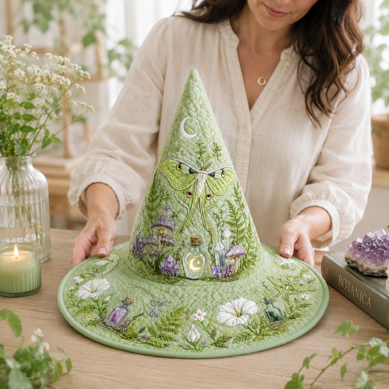 Quilted Pastel Luna Moth Witch Hat for Halloween Costume – Cottagecore Moon Crystal Fairy Garden Decor - photo 3