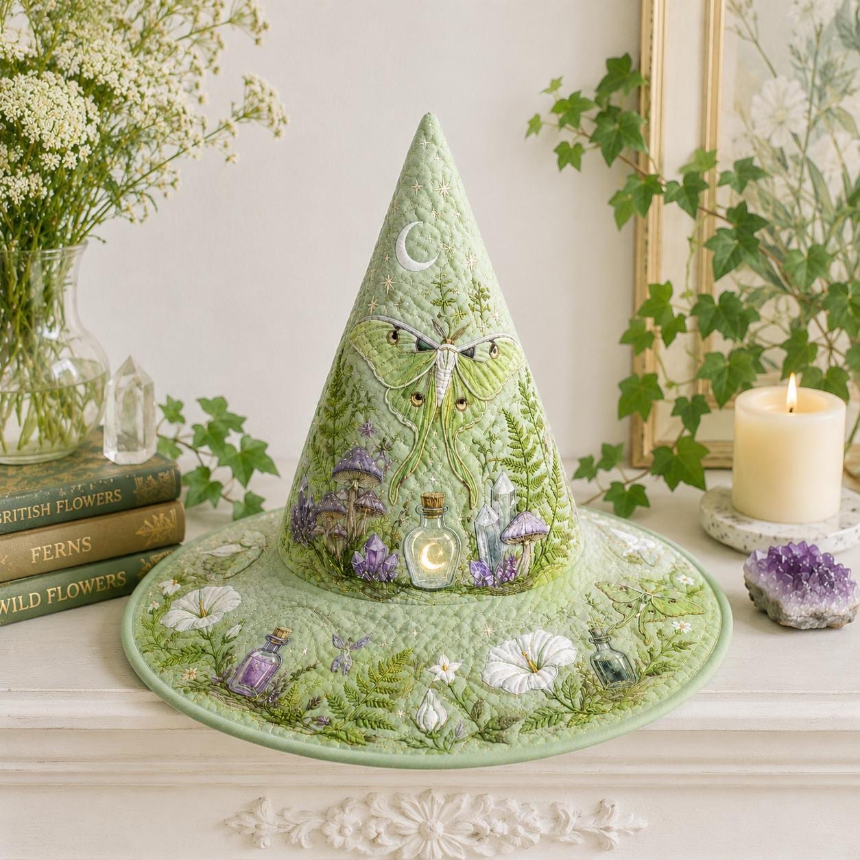 Quilted Pastel Luna Moth Witch Hat for Halloween Costume – Cottagecore Moon Crystal Fairy Garden Decor - photo 4