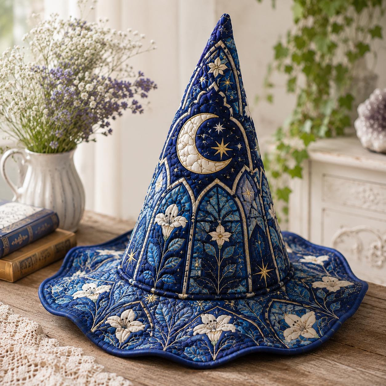 Quilted Witch Hat with Blue Moon Floral for Celestial Halloween, Gothic Cottagecore Costume Decor, and Gift