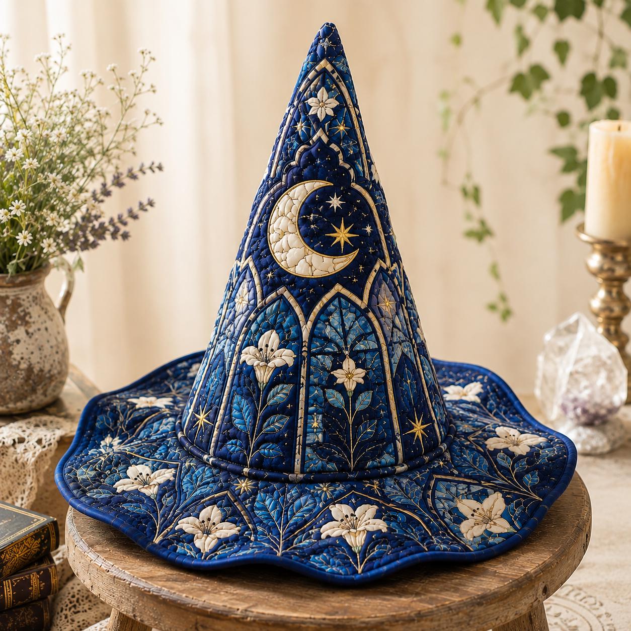Quilted Witch Hat with Blue Moon Floral for Celestial Halloween, Gothic Cottagecore Costume Decor, and Gift - photo 2