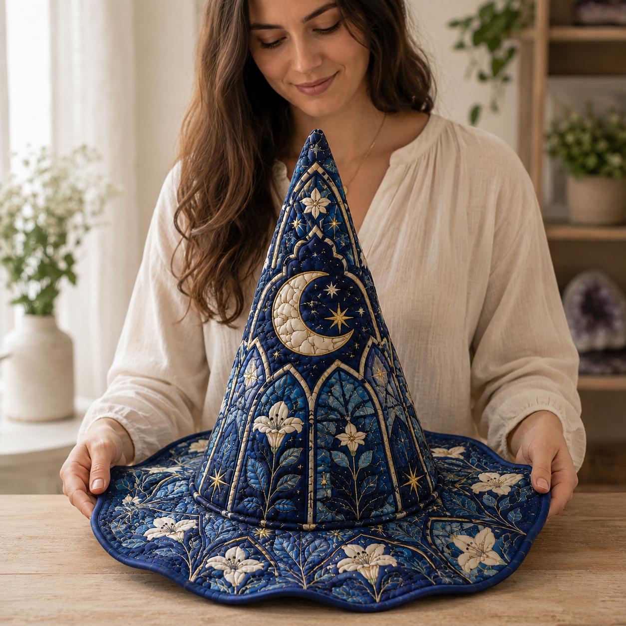 Quilted Witch Hat with Blue Moon Floral for Celestial Halloween, Gothic Cottagecore Costume Decor, and Gift - photo 3