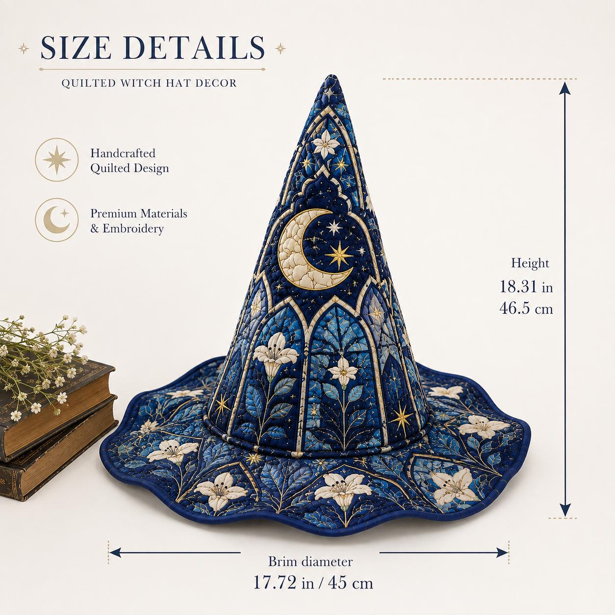 Quilted Witch Hat with Blue Moon Floral for Celestial Halloween, Gothic Cottagecore Costume Decor, and Gift - photo 4