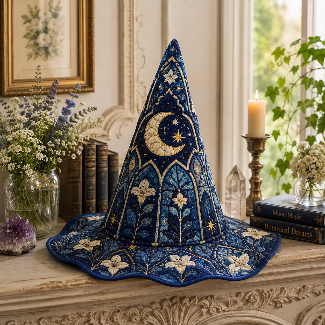 Quilted Witch Hat with Blue Moon Floral for Celestial Halloween, Gothic Cottagecore Costume Decor, and Gift - photo 5