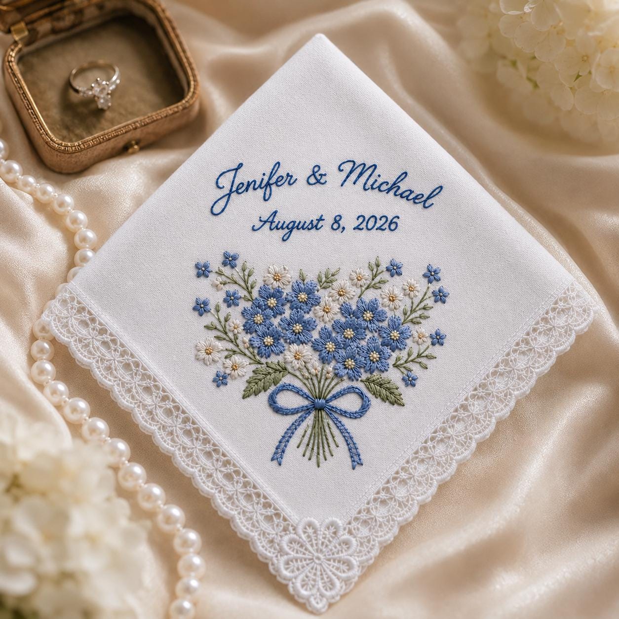 Embroidered Wedding Handkerchief with Personalized Couple Name Date Hankie and Blue Hydrangea Lace Bridal Keepsake for Something Blue Gift