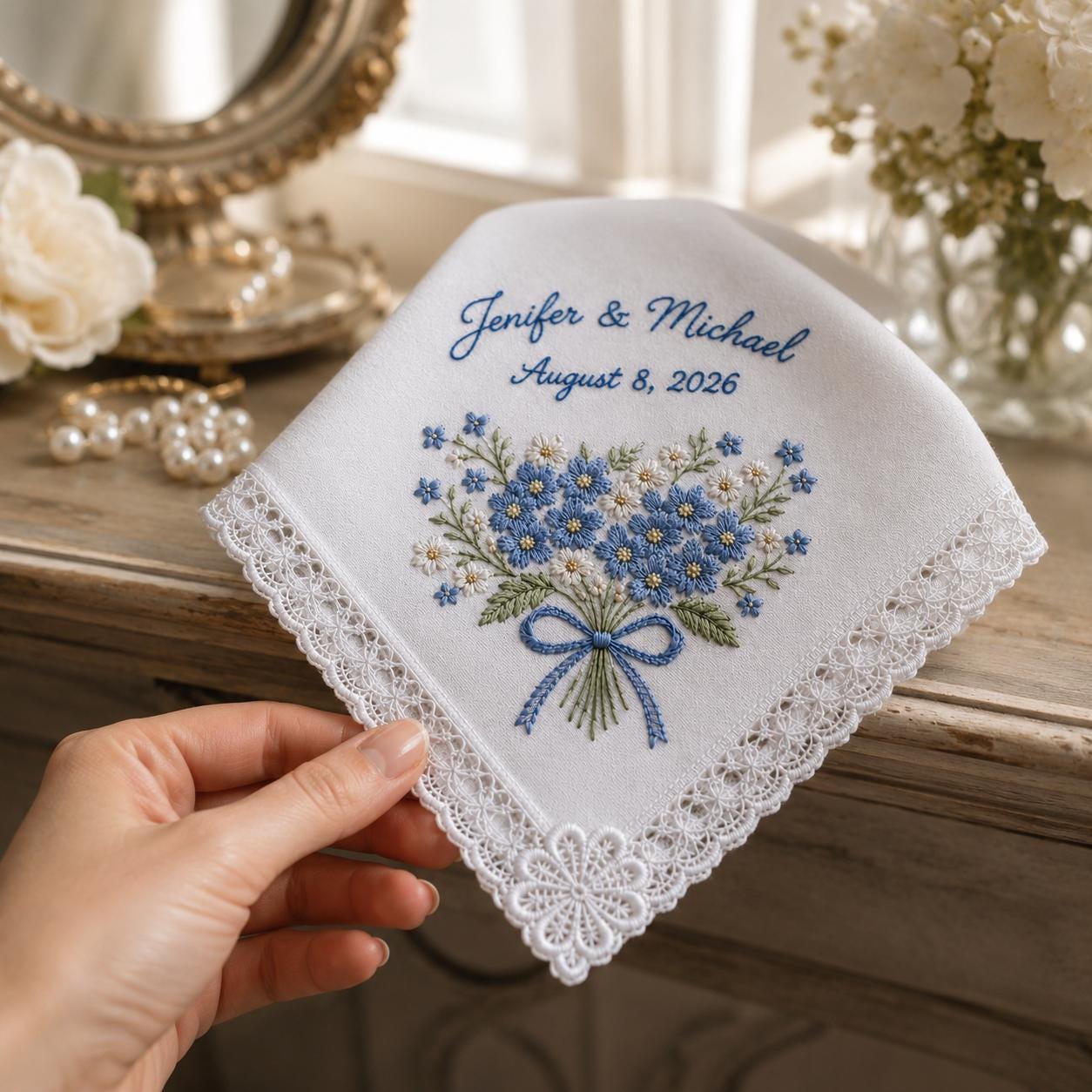 Embroidered Wedding Handkerchief with Personalized Couple Name Date Hankie and Blue Hydrangea Lace Bridal Keepsake for Something Blue Gift - photo 2
