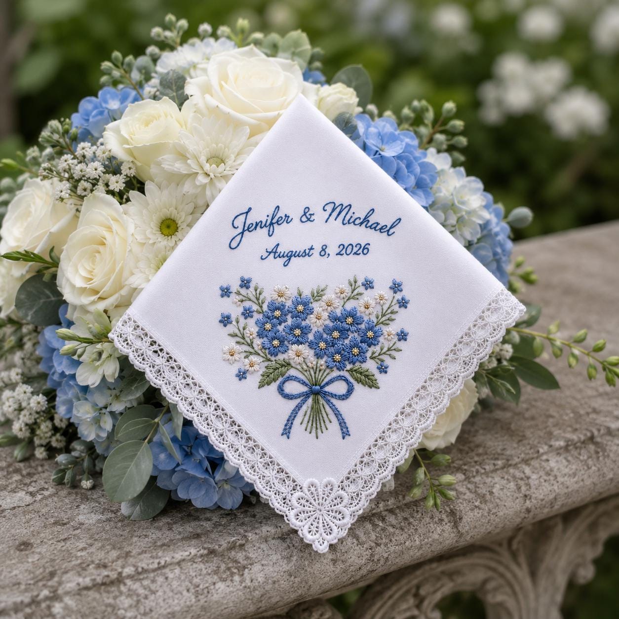 Embroidered Wedding Handkerchief with Personalized Couple Name Date Hankie and Blue Hydrangea Lace Bridal Keepsake for Something Blue Gift - photo 3