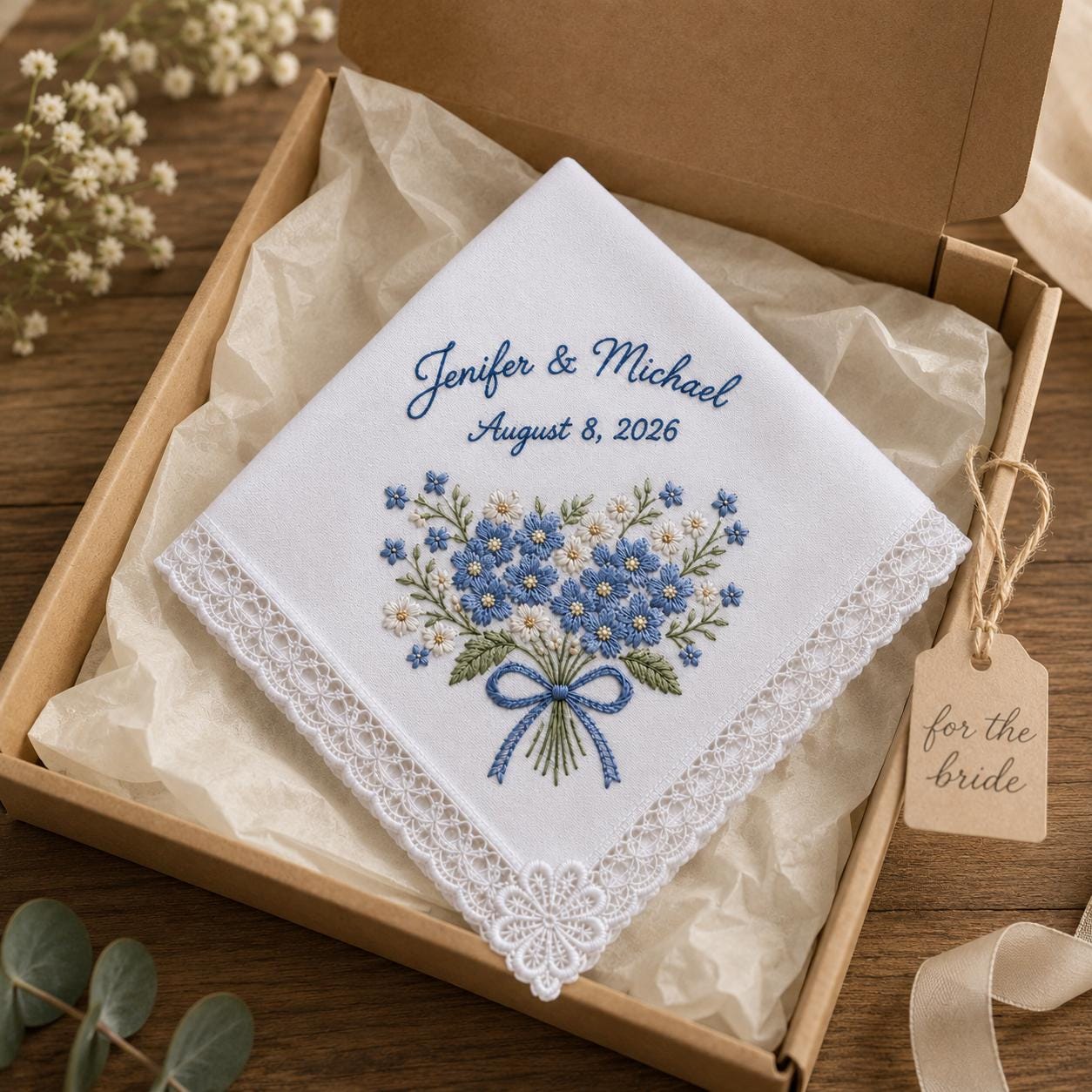 Embroidered Wedding Handkerchief with Personalized Couple Name Date Hankie and Blue Hydrangea Lace Bridal Keepsake for Something Blue Gift - photo 7