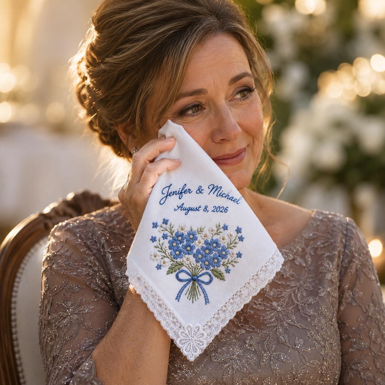 Embroidered Wedding Handkerchief with Personalized Couple Name Date Hankie and Blue Hydrangea Lace Bridal Keepsake for Something Blue Gift - photo 8