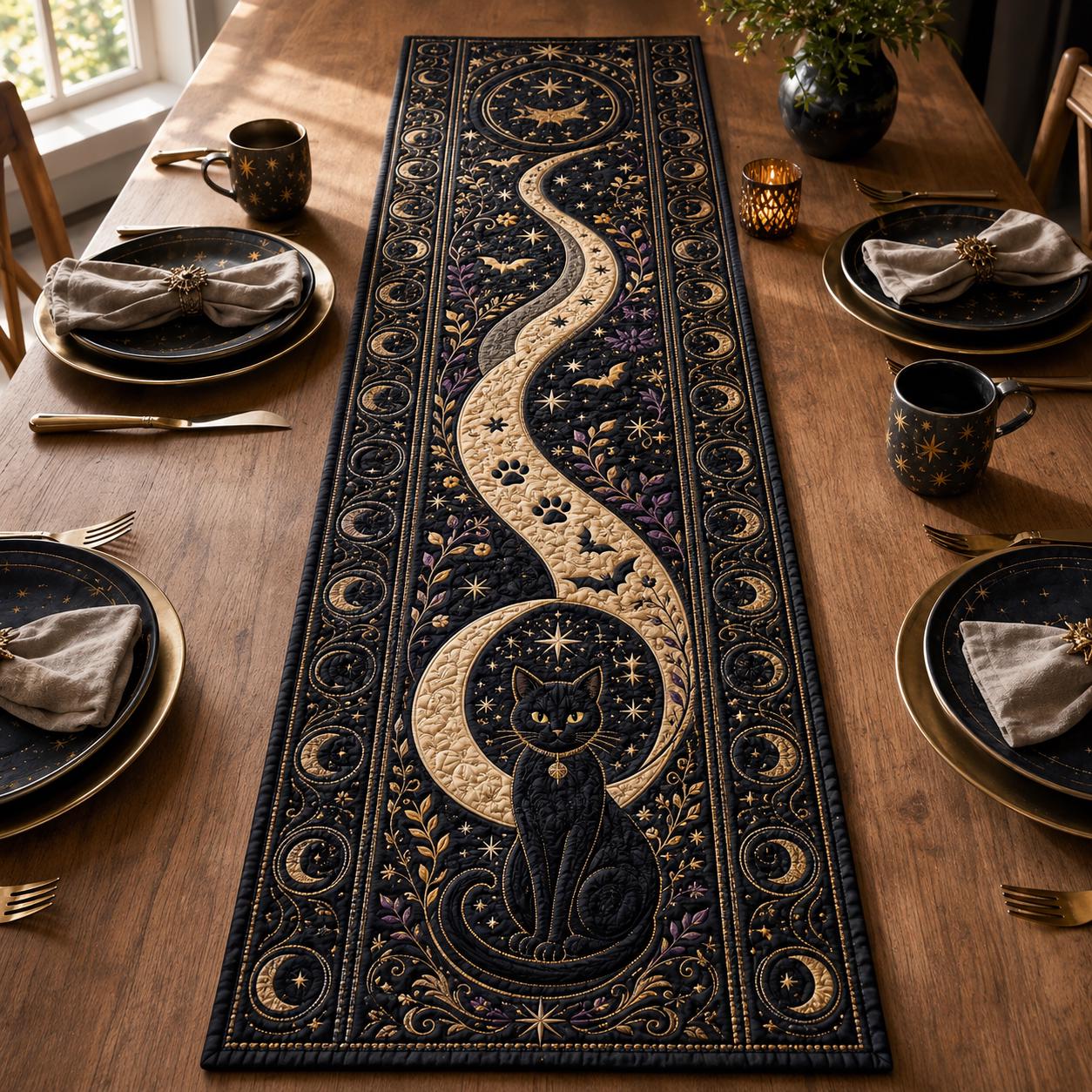 Black Cat Moon Table Runner with Celestial Halloween Gothic Decor, Quilt, Fall Decor, and Witchy Dining