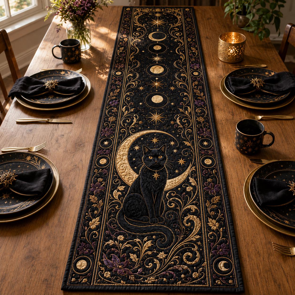 Black Cat Moon Table Runner with Celestial Halloween Gothic Decor, Quilt, Fall Decor, and Witchy Dining - photo 2