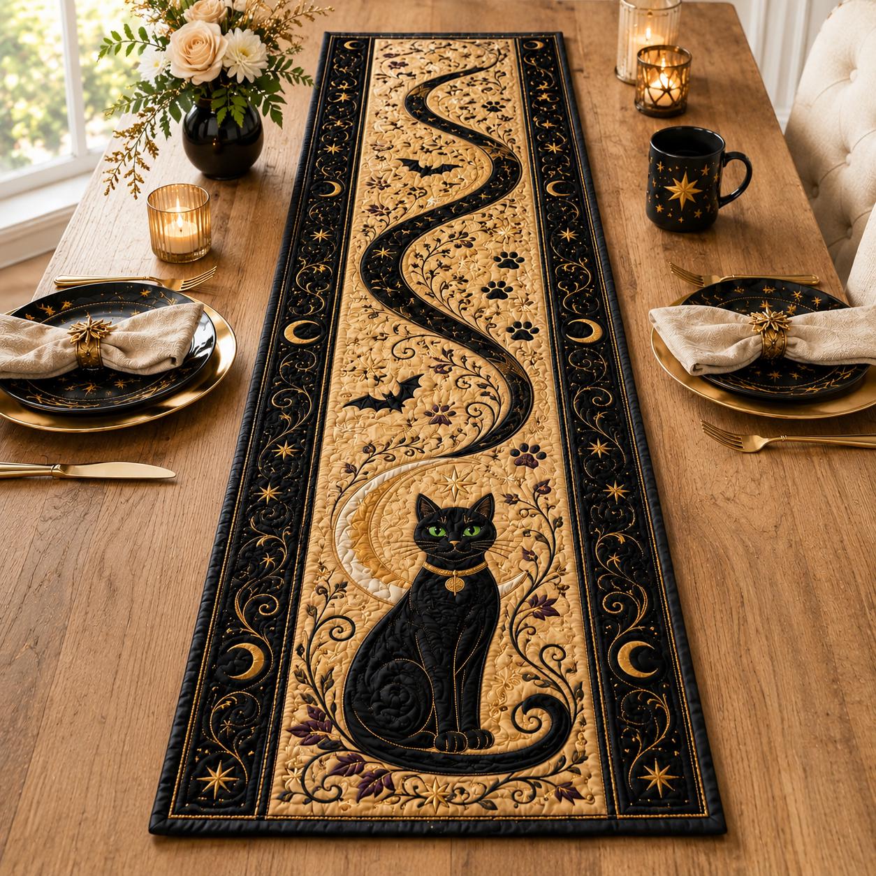 Black Cat Moon Table Runner with Celestial Halloween Gothic Decor, Quilt, Fall Decor, and Witchy Dining - photo 3