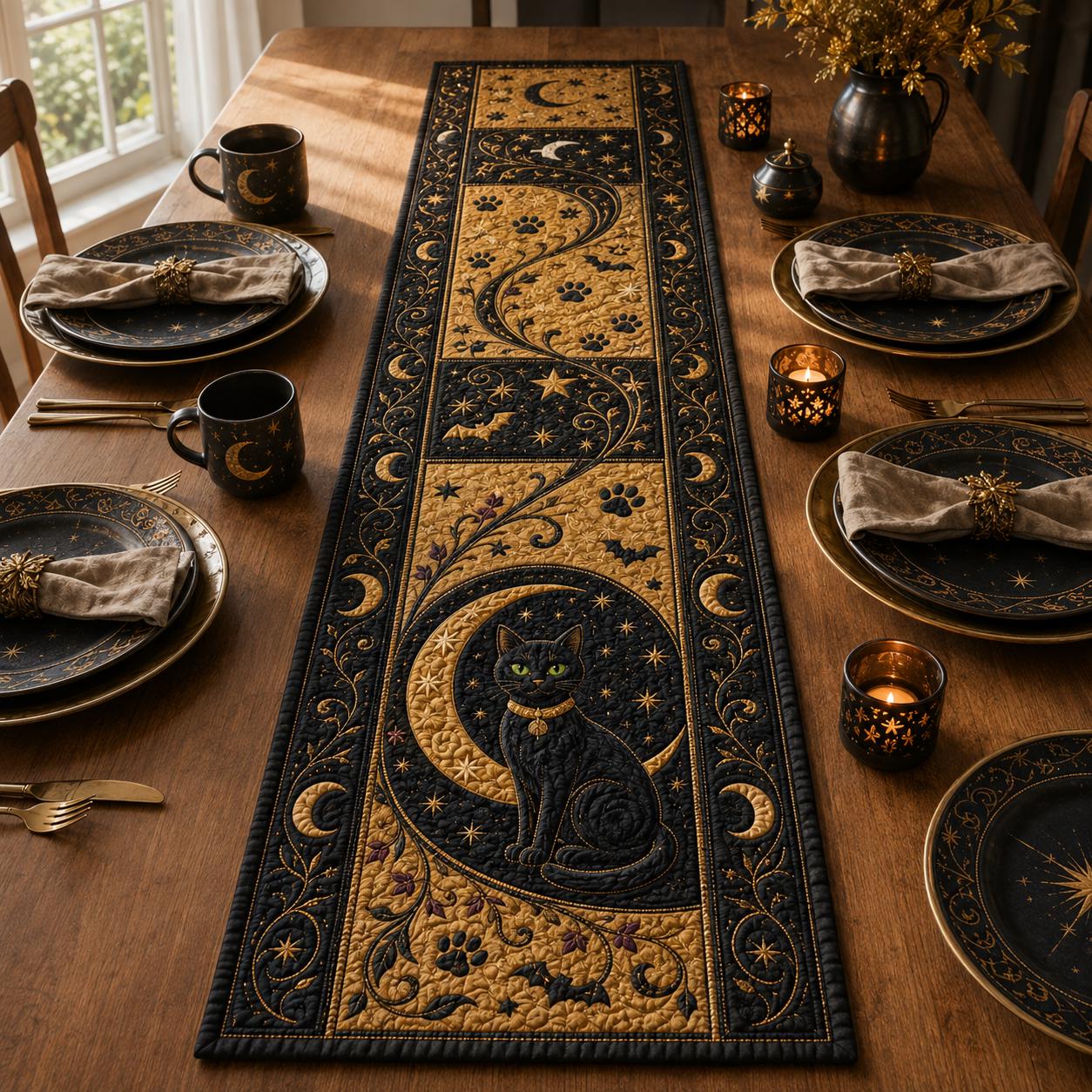 Black Cat Moon Table Runner with Celestial Halloween Gothic Decor, Quilt, Fall Decor, and Witchy Dining - photo 8