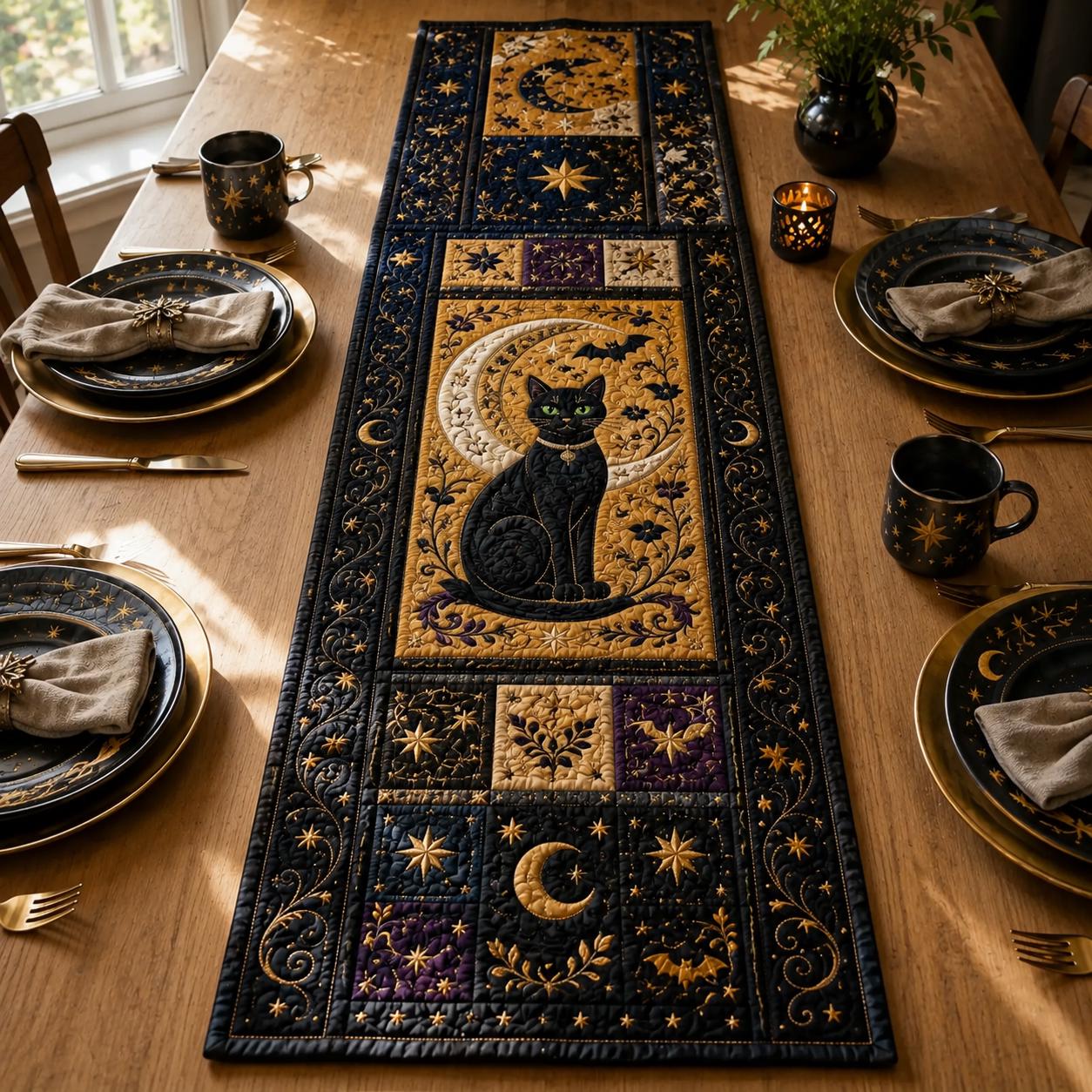 Black Cat Moon Table Runner with Celestial Halloween Gothic Decor, Quilt, Fall Decor, and Witchy Dining - photo 9