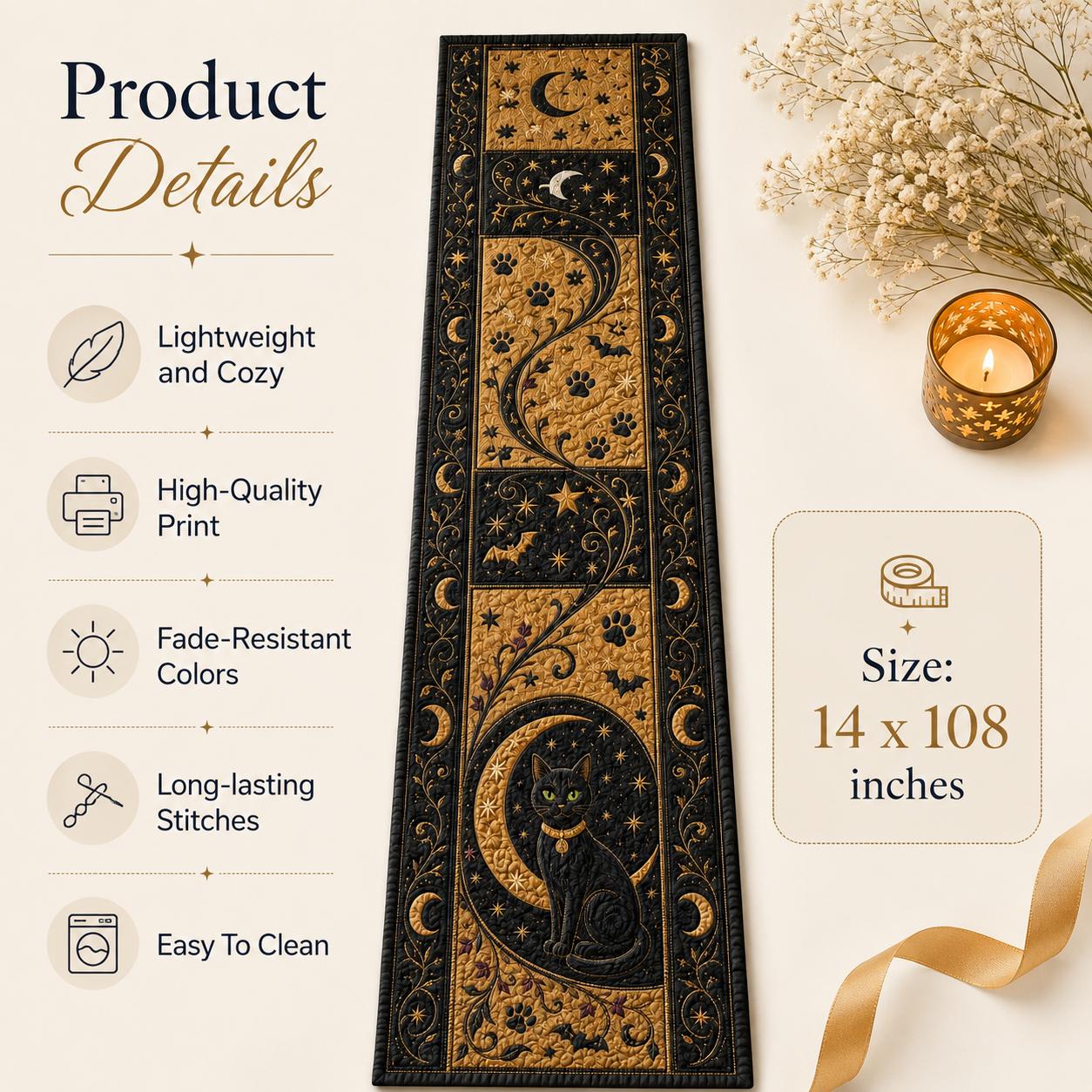 Black Cat Moon Table Runner with Celestial Halloween Gothic Decor, Quilt, Fall Decor, and Witchy Dining - photo 10