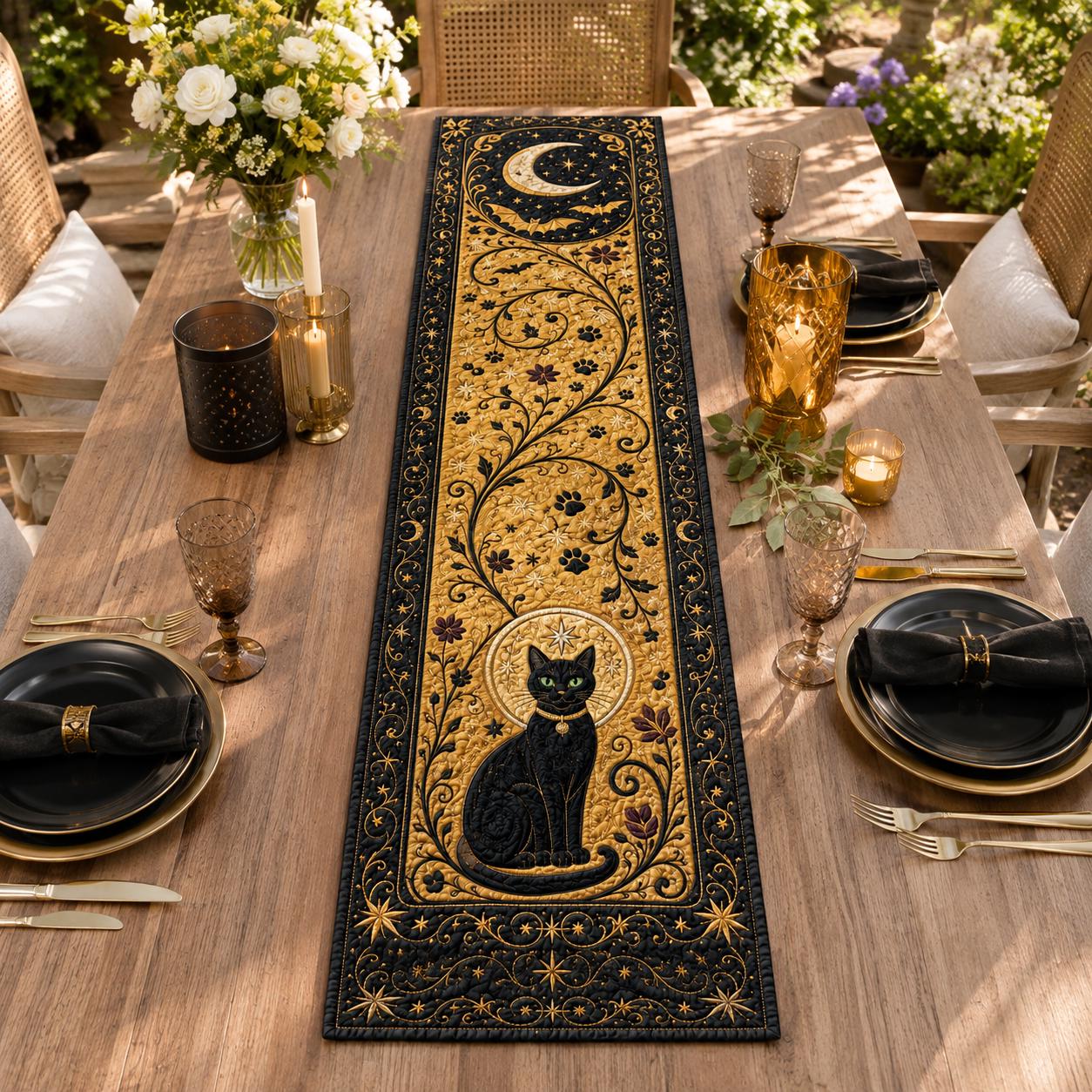 Black Cat Moon Table Runner with Celestial Halloween Gothic Decor, Quilt, Fall Decor, and Witchy Dining - photo 12