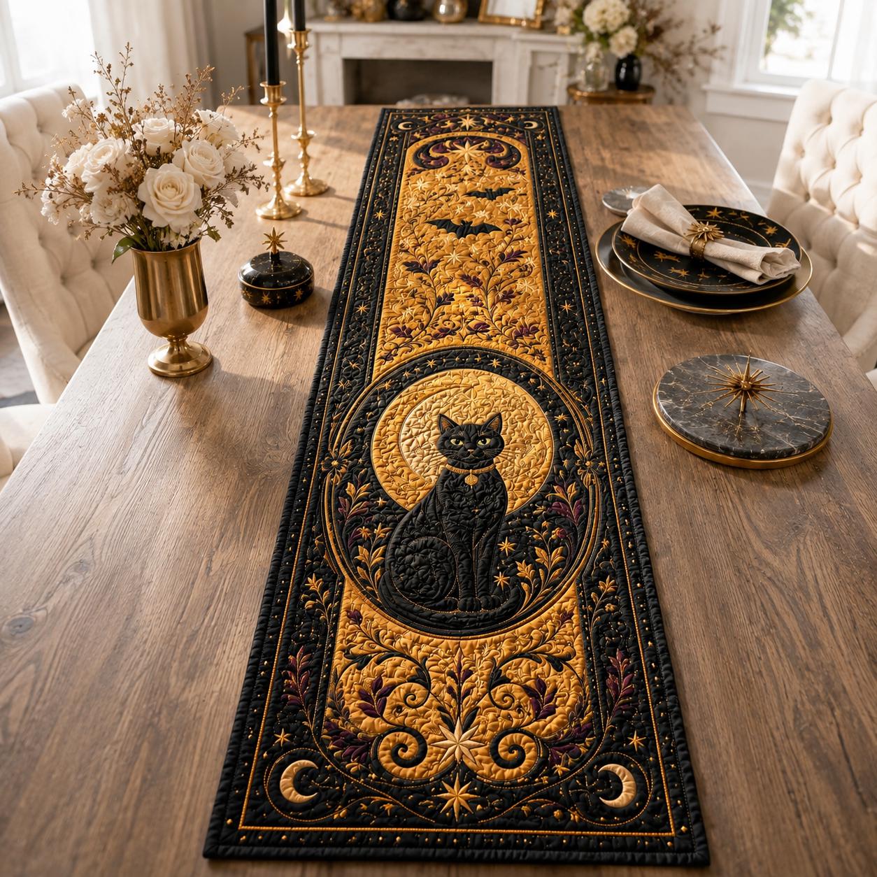 Black Cat Moon Table Runner with Celestial Halloween Gothic Decor, Quilt, Fall Decor, and Witchy Dining - photo 13