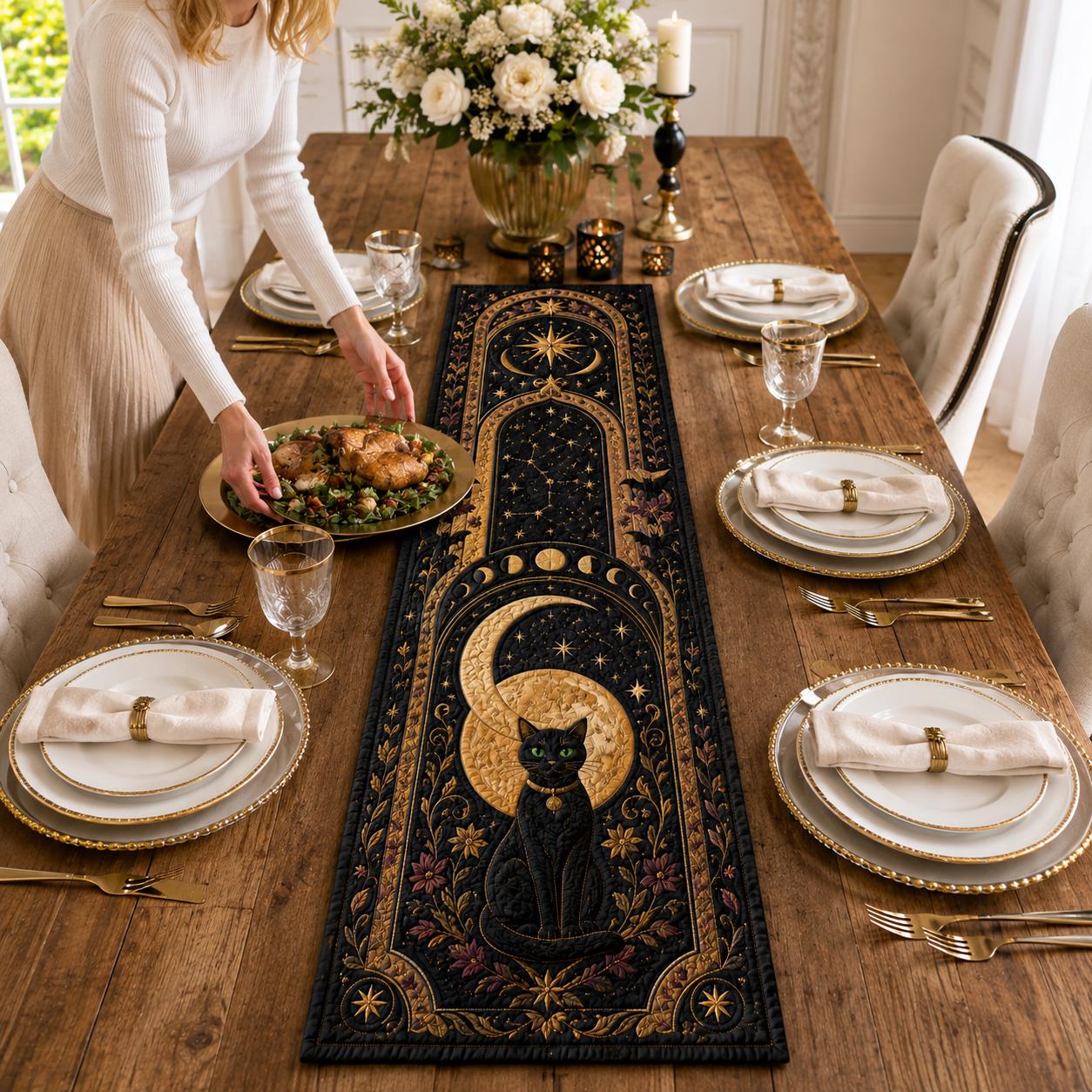 Black Cat Moon Table Runner with Celestial Halloween Gothic Decor, Quilt, Fall Decor, and Witchy Dining - photo 14