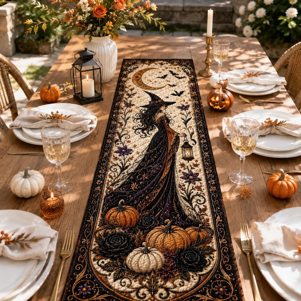 Quilted Witchy Table Runner with Black Cat, Cauldron and Pumpkin – Spooky Haunted Gothic Cottage Fall Dining Room Decor for a Halloween Witch