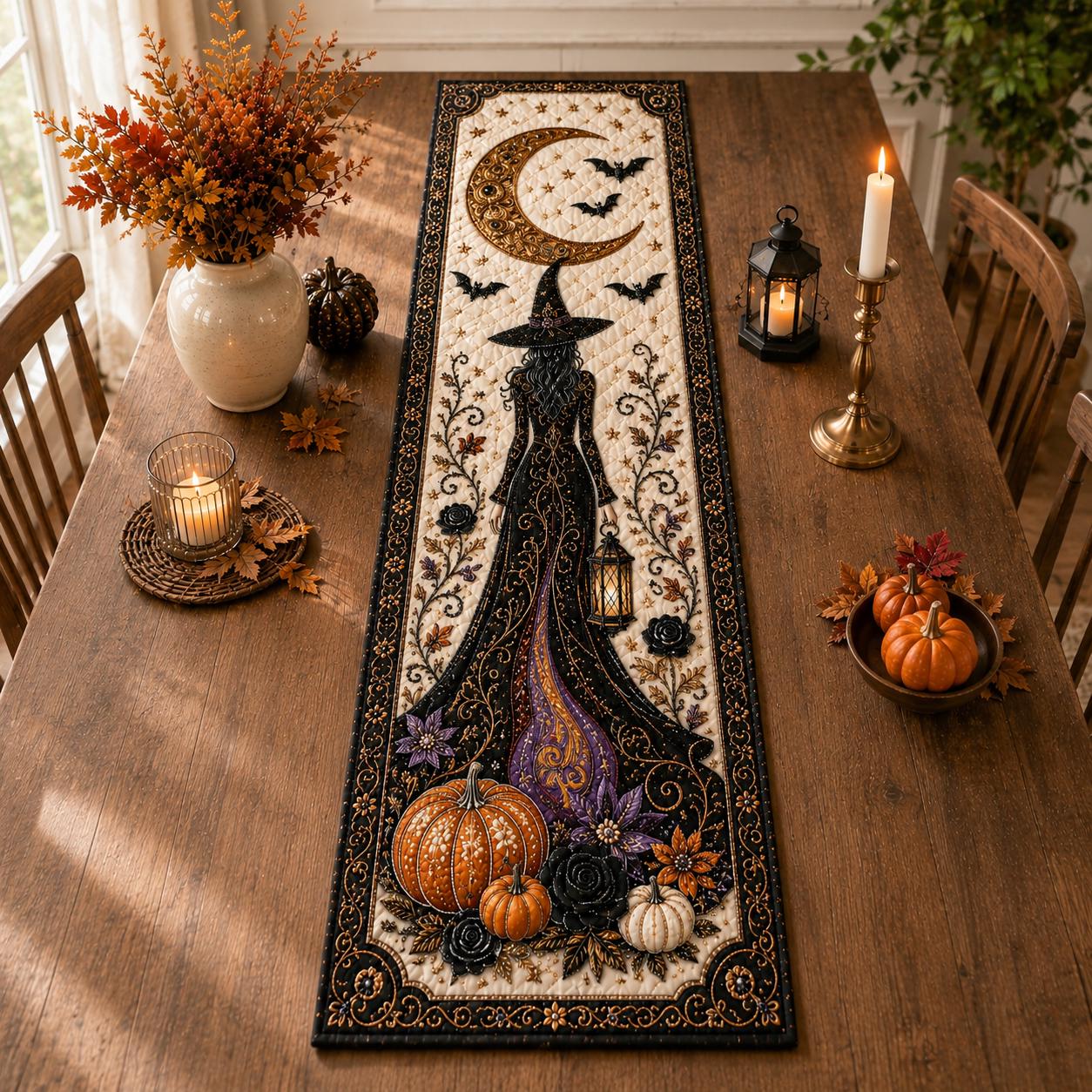 Quilted Witchy Table Runner with Black Cat, Cauldron and Pumpkin – Spooky Haunted Gothic Cottage Fall Dining Room Decor for a Halloween Witch - photo 2