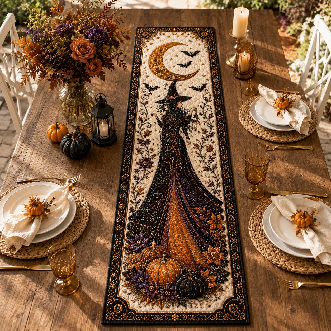 Quilted Witchy Table Runner with Black Cat, Cauldron and Pumpkin – Spooky Haunted Gothic Cottage Fall Dining Room Decor for a Halloween Witch - photo 3