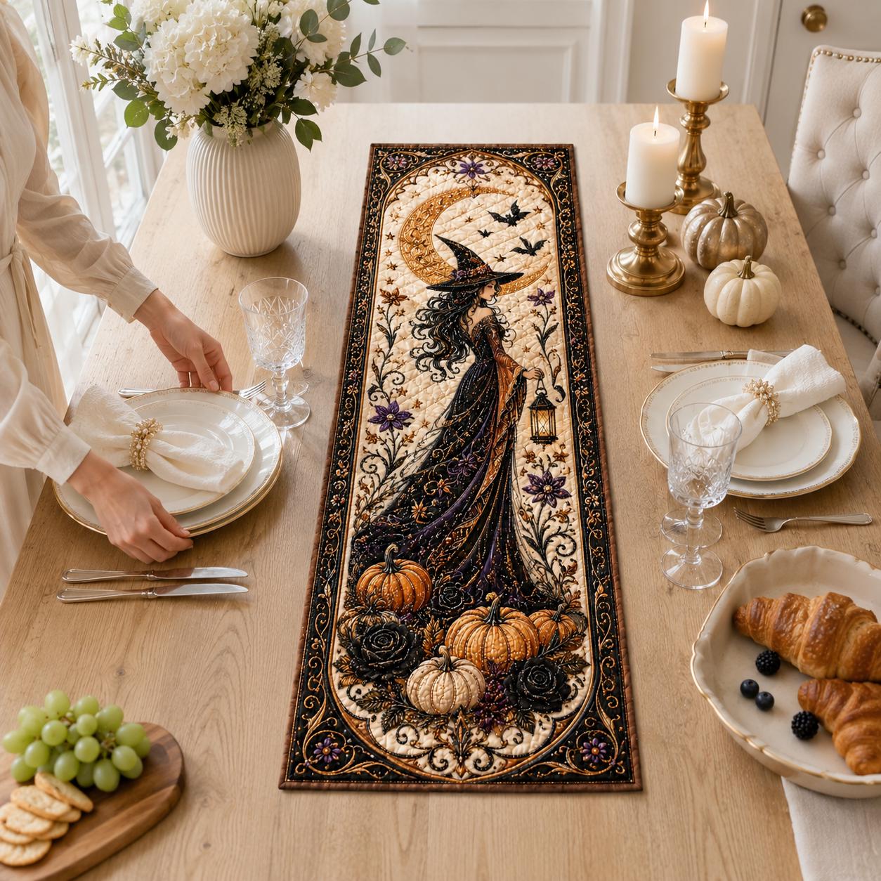 Quilted Witchy Table Runner with Black Cat, Cauldron and Pumpkin – Spooky Haunted Gothic Cottage Fall Dining Room Decor for a Halloween Witch - photo 6