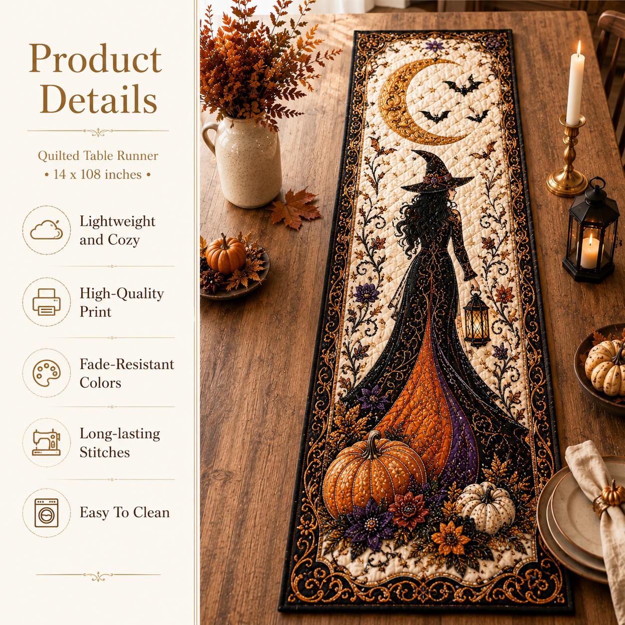Quilted Witchy Table Runner with Black Cat, Cauldron and Pumpkin – Spooky Haunted Gothic Cottage Fall Dining Room Decor for a Halloween Witch - photo 7