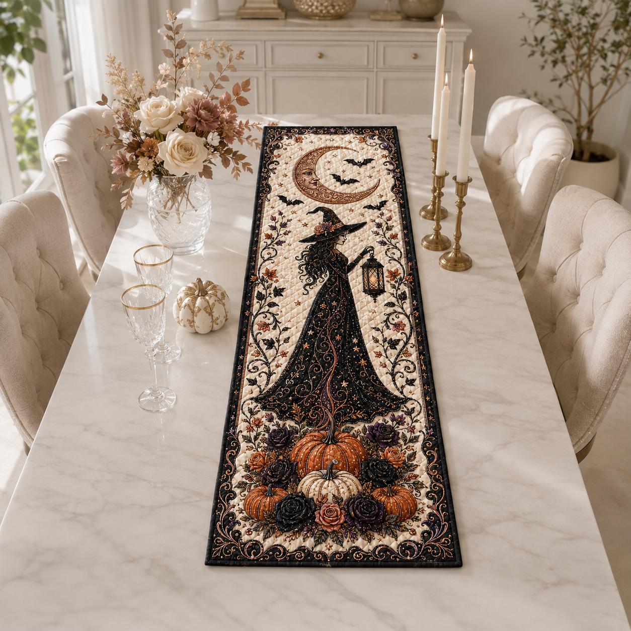 Quilted Witchy Table Runner with Black Cat, Cauldron and Pumpkin – Spooky Haunted Gothic Cottage Fall Dining Room Decor for a Halloween Witch - photo 8