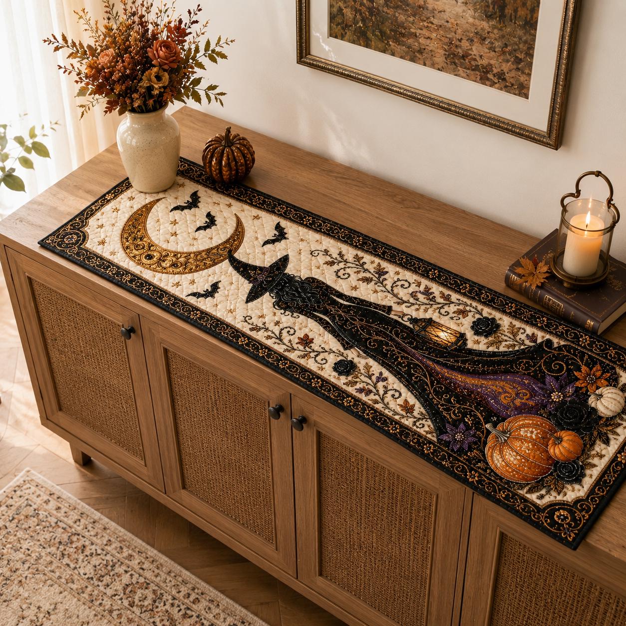 Quilted Witchy Table Runner with Black Cat, Cauldron and Pumpkin – Spooky Haunted Gothic Cottage Fall Dining Room Decor for a Halloween Witch - photo 9