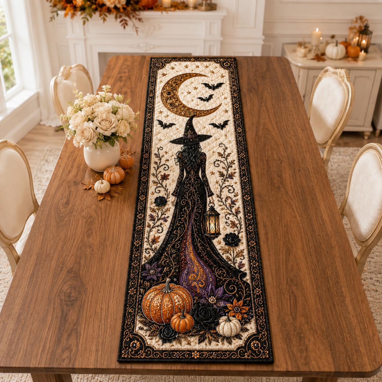 Quilted Witchy Table Runner with Black Cat, Cauldron and Pumpkin – Spooky Haunted Gothic Cottage Fall Dining Room Decor for a Halloween Witch - photo 10
