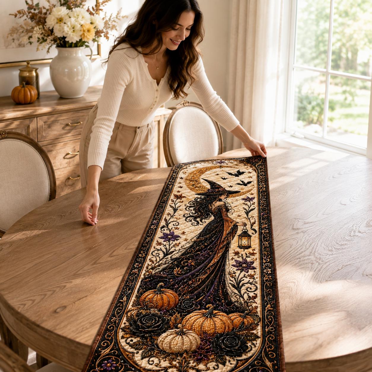 Quilted Witchy Table Runner with Black Cat, Cauldron and Pumpkin – Spooky Haunted Gothic Cottage Fall Dining Room Decor for a Halloween Witch - photo 11