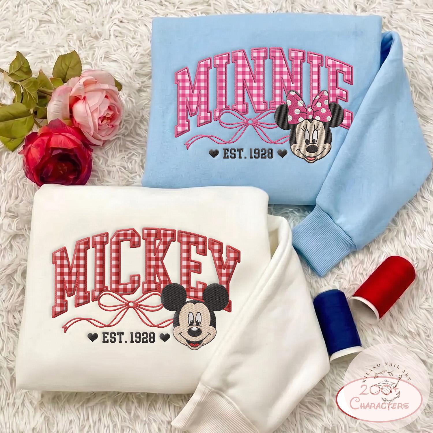 Custom Embroidered Disney Characters Sweatshirt With Mickey and Friends Gingham Applique – WDW Disneyland Family Matching Trip Crewneck - photo 2
