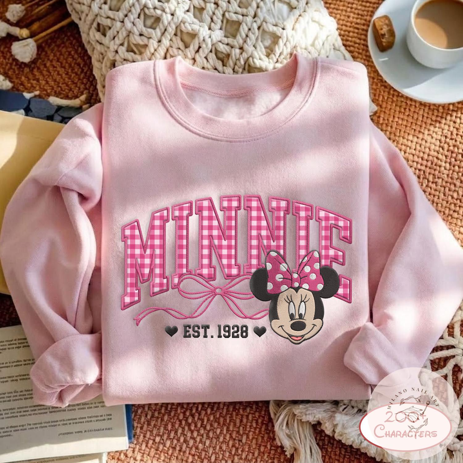 Custom Embroidered Disney Characters Sweatshirt With Mickey and Friends Gingham Applique – WDW Disneyland Family Matching Trip Crewneck - photo 3