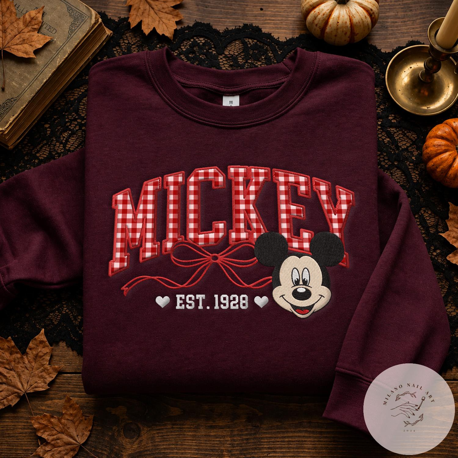 Custom Embroidered Disney Characters Sweatshirt With Mickey and Friends Gingham Applique – WDW Disneyland Family Matching Trip Crewneck - photo 19