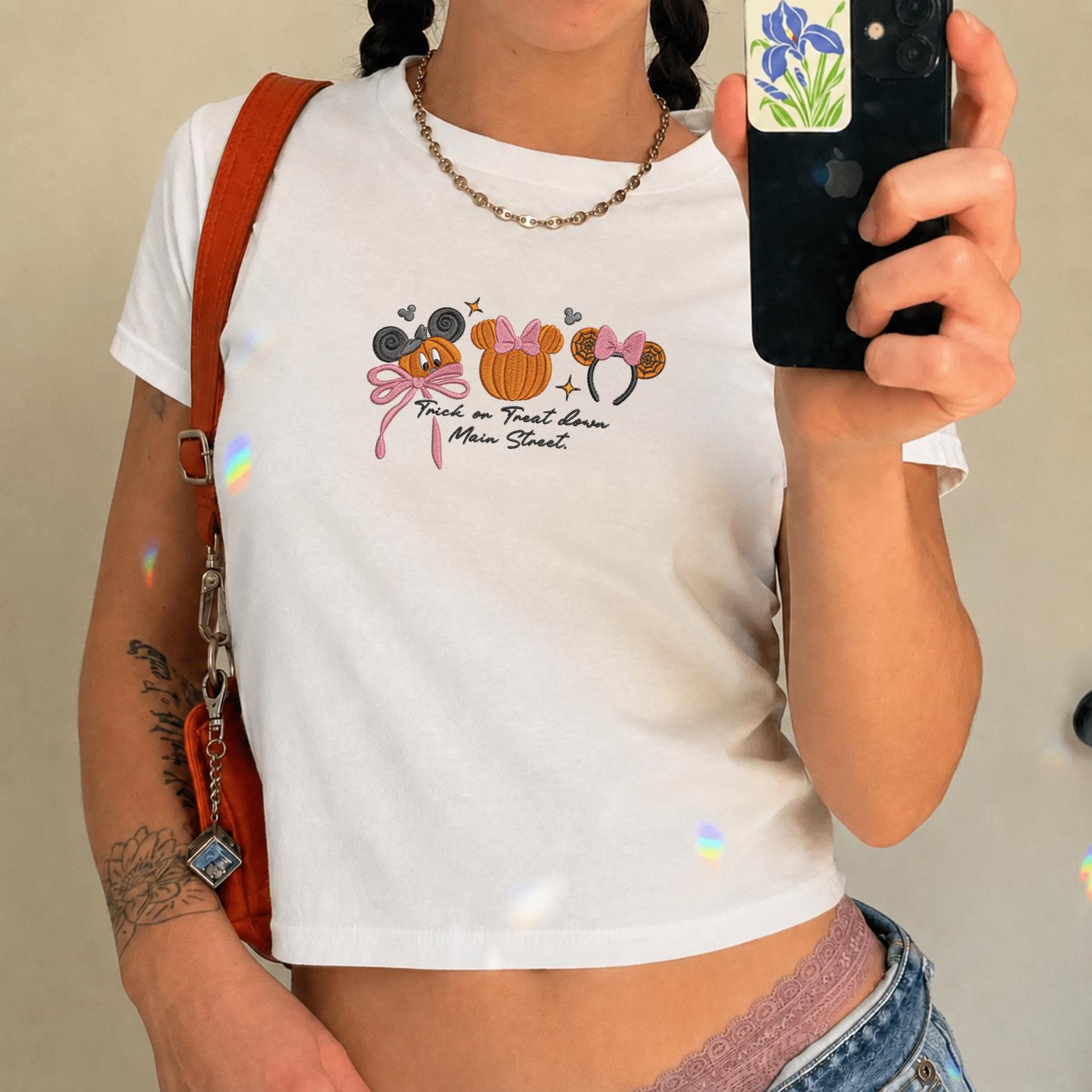 Embroidered Coquette Bow Mickey Minnie Pumpkin Disney Halloween Top – Not So Scary Baby Tee for Trick or Treat Down Main Street Party