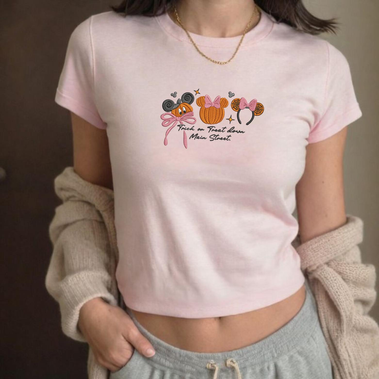 Embroidered Coquette Bow Mickey Minnie Pumpkin Disney Halloween Top – Not So Scary Baby Tee for Trick or Treat Down Main Street Party - photo 2