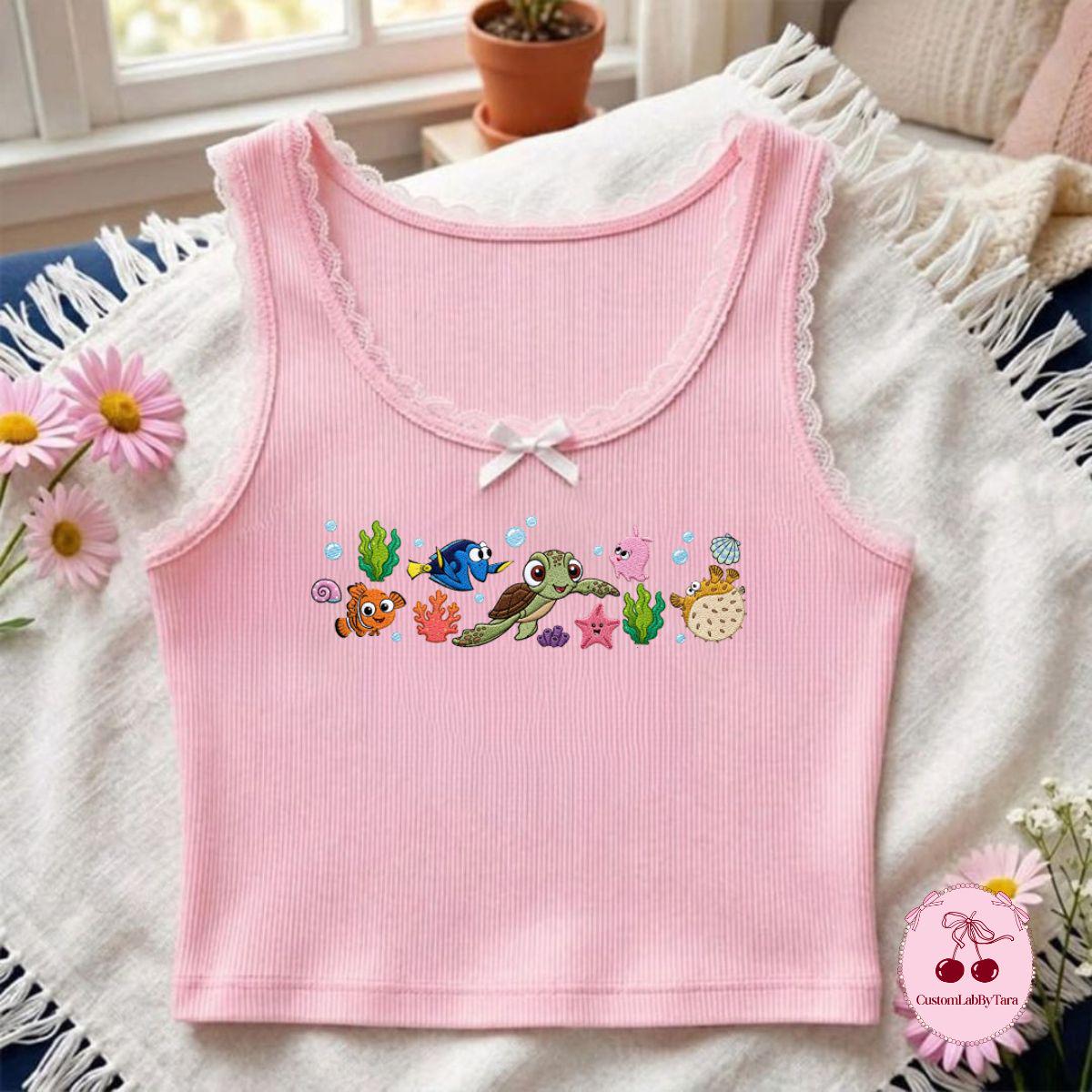 Embroidered Finding Nemo Characters Lace Crop Top Tank – Just Keep Swimming Family Vacation Shirt for WDW Disney Girl Trip 2026 - photo 2