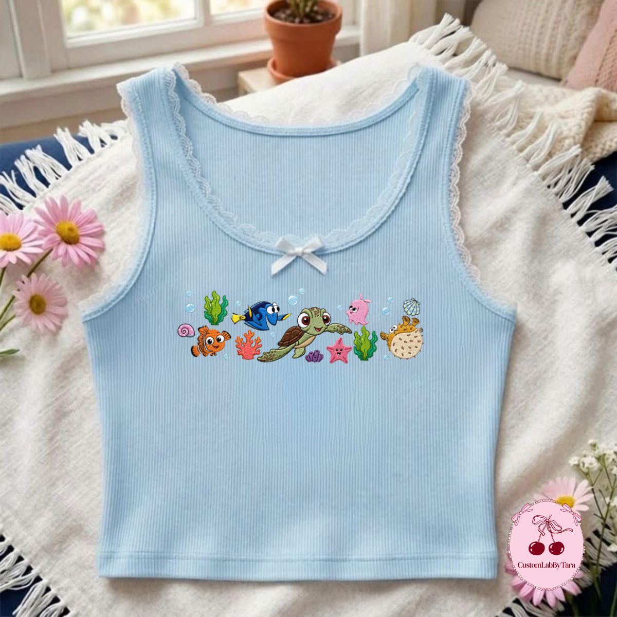 Embroidered Finding Nemo Characters Lace Crop Top Tank – Just Keep Swimming Family Vacation Shirt for WDW Disney Girl Trip 2026 - photo 3