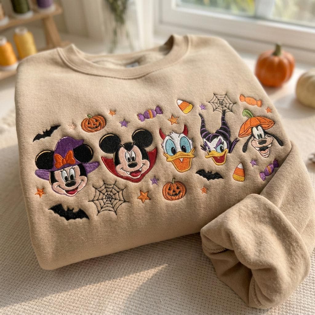 Disney Halloween Embroidered Sweatshirt With Mickey Minnie Donald and Goofy – Spooky Season Fall Disney Gift for Park Fans