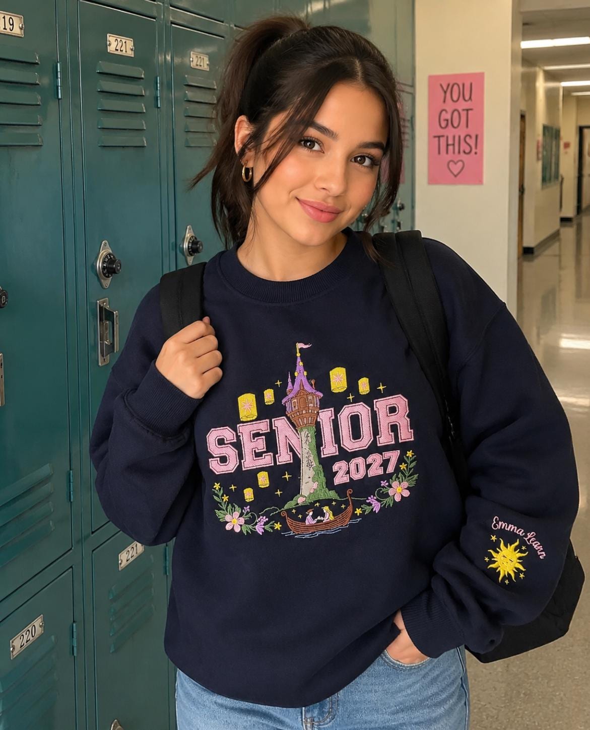 Disney Tangled Rapunzel Senior 2027 Embroidered T-Shirt Sweatshirt Hoodie With Personalized Name Sleeve – Graduation Back to School Gift