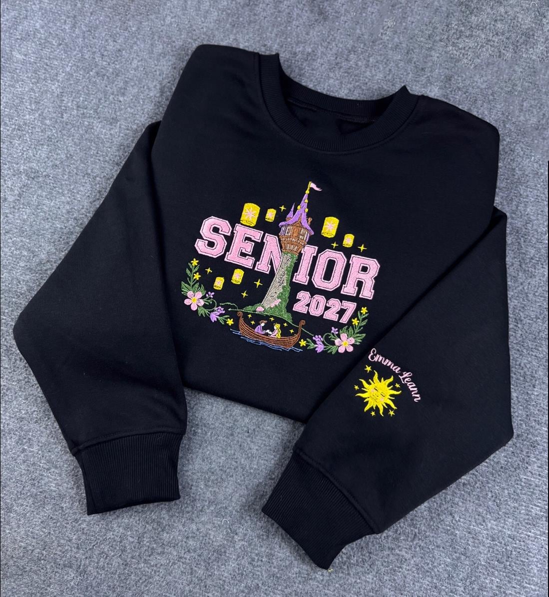 Disney Tangled Rapunzel Senior 2027 Embroidered T-Shirt Sweatshirt Hoodie With Personalized Name Sleeve – Graduation Back to School Gift - photo 2