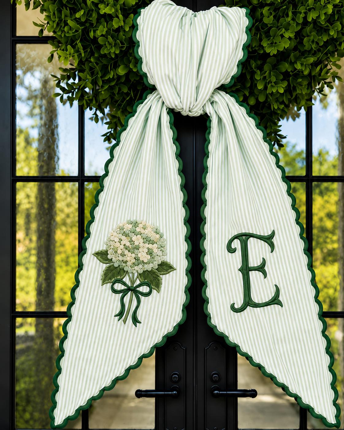Personalized Hydrangea Wreath Sash with Embroidered Monogram Door Bow, Ticking Stripe Front Porch Decor, and Summer Floral Accent Gift