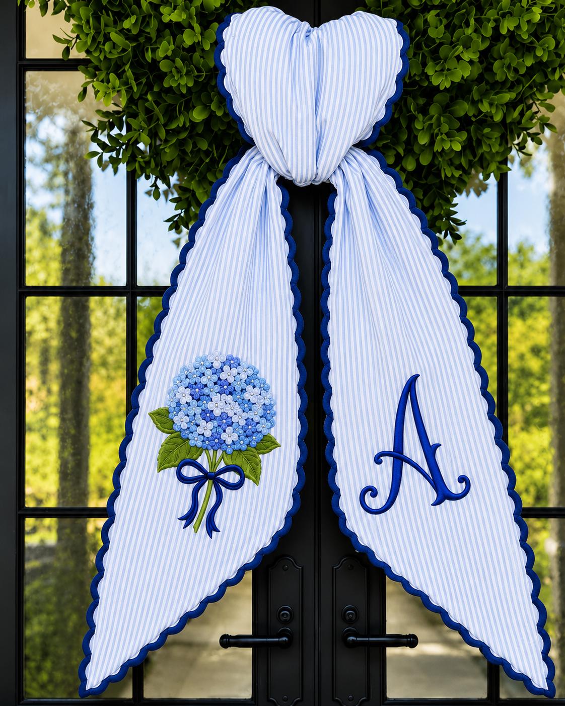 Personalized Hydrangea Wreath Sash with Embroidered Monogram Door Bow, Ticking Stripe Front Porch Decor, and Summer Floral Accent Gift - photo 2