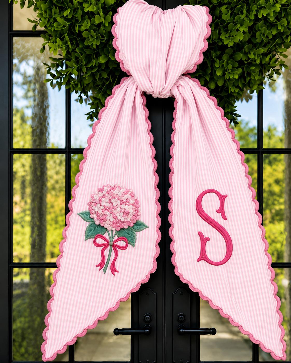 Personalized Hydrangea Wreath Sash with Embroidered Monogram Door Bow, Ticking Stripe Front Porch Decor, and Summer Floral Accent Gift - photo 4